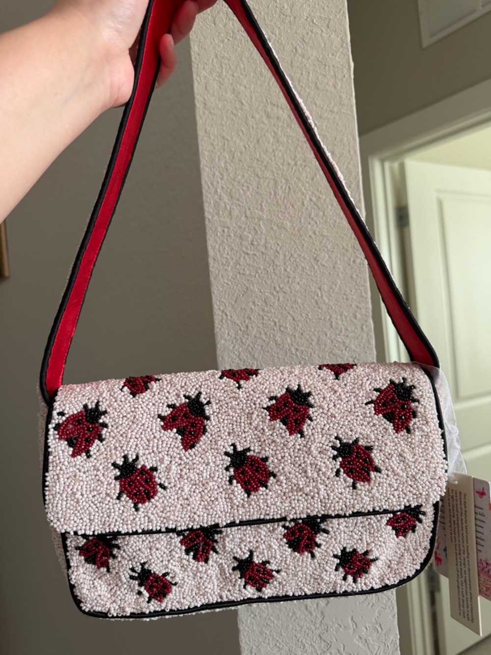 Viral Pink Ladybug Beaded Shoulder Bag